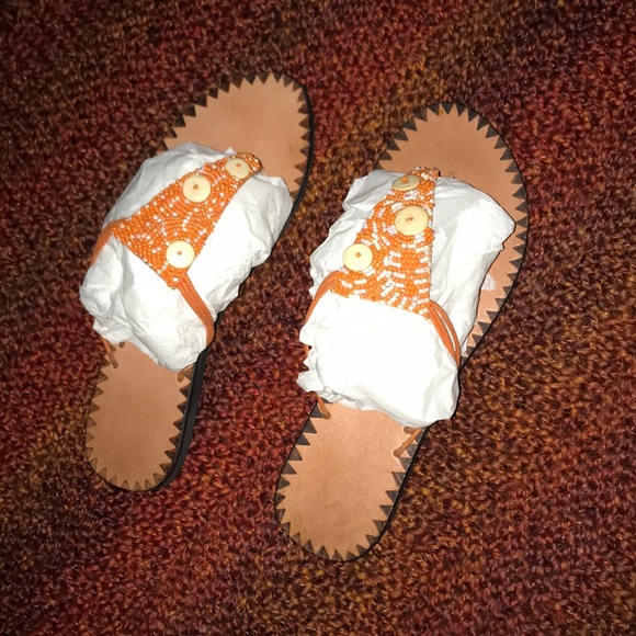 Beautiful orange & white beaded leather thong sandals handmade in New Mexico! 8 - Picture 2 of 8